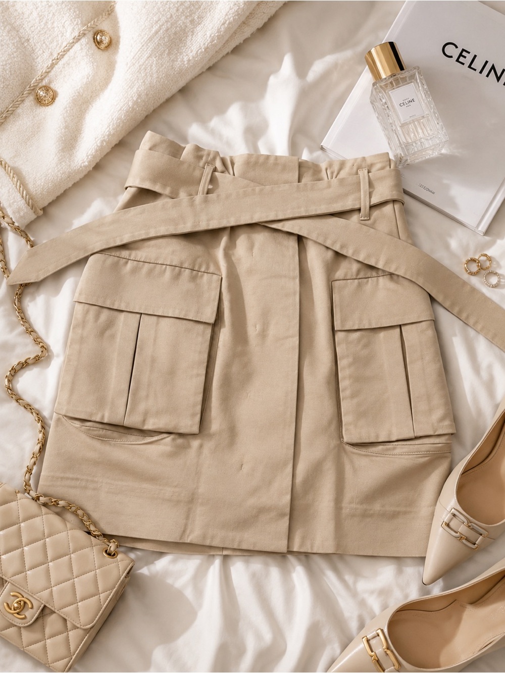 Tan cargo miniskirt with pockets and tie belt